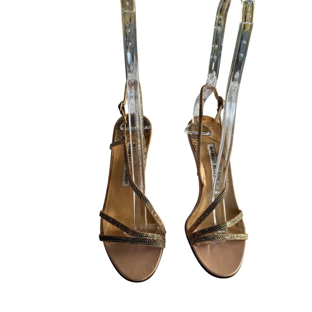 Manolo Blahnik  Cream & Black Snakeskin Strappy Heels Women's Shoe Sandals Size